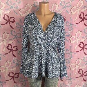 White Birch Blue & White Floral Print Cottagecore Belle Sleeve Blouse Size XL